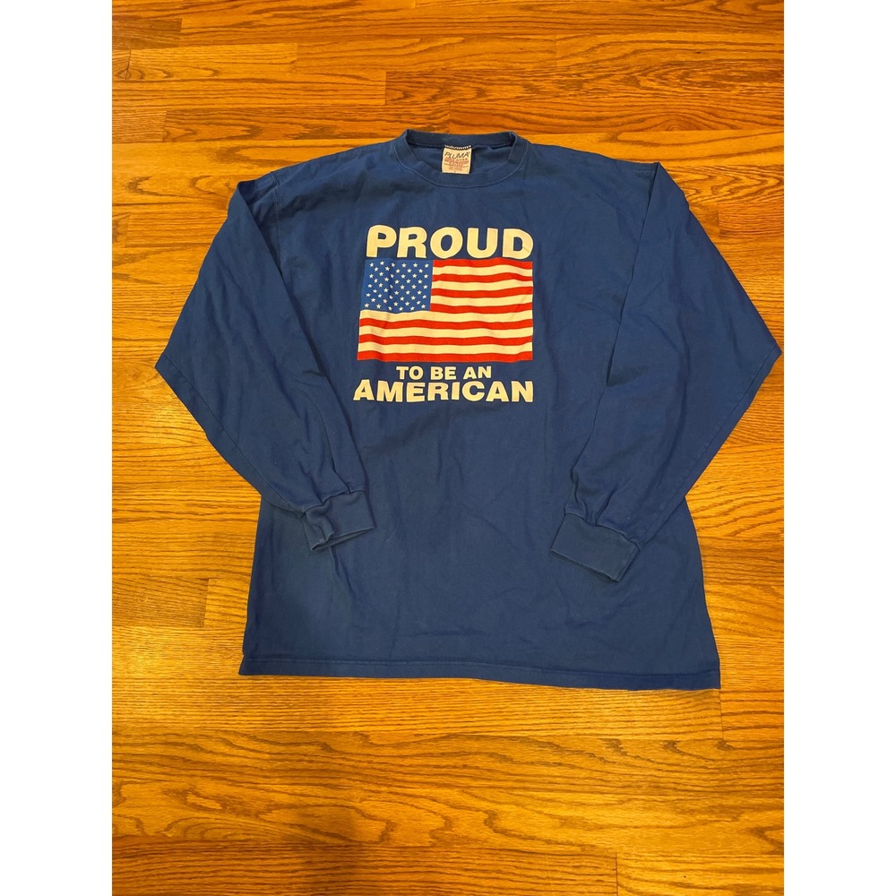VTG Pluma Mens Long Sleeve T-Shirt Size L Blue Proud To Be An American USA Flag
